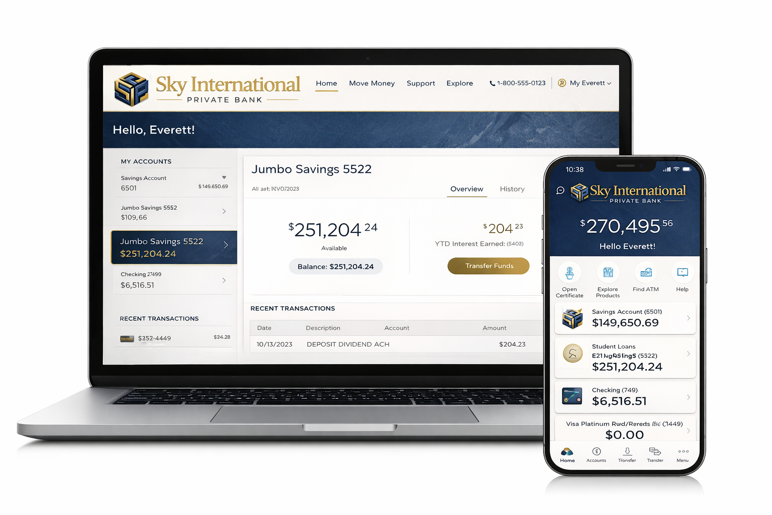 Nexford mobile banking showing balances, transfers, and savings.